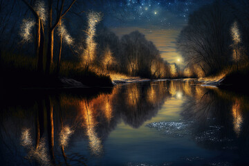 Springtime reflections on the river at night. Generative AI
