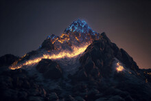 Mountain View In Night Time With Electric Surroundings And Gold Shining, Generative AI