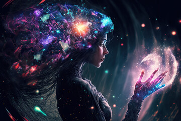 Woman touching The metaverse universe,Digital transformation conceptual for next generation technology era. Generative AI