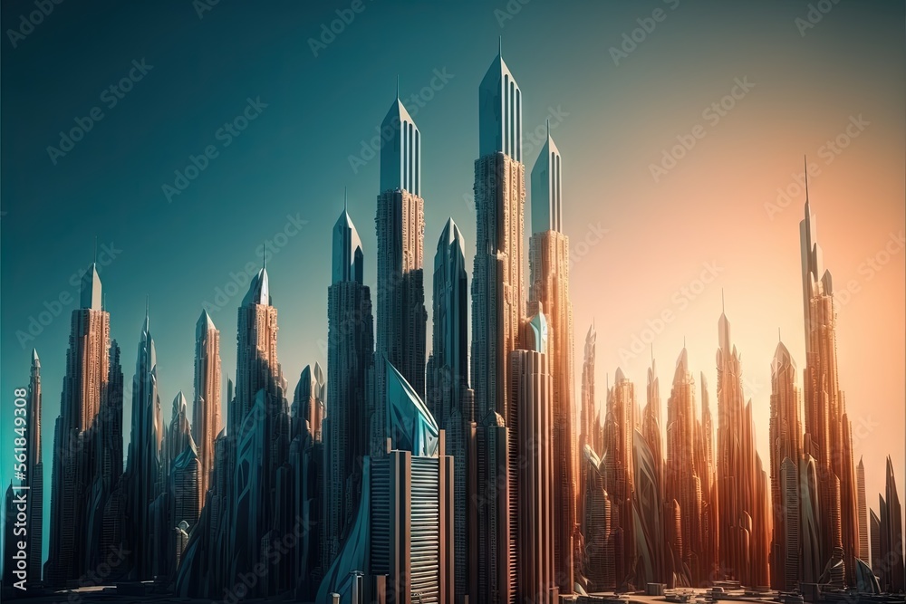a futuristic city with tall buildings and a sky background with a sun ...