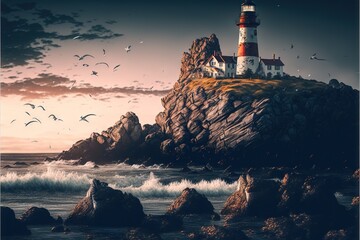 Sticker -  a lighthouse on a rocky outcropping with seagulls flying around it and a sunset in the background with a pink sky and white clouds and a black and red hued. generative ai generative ai