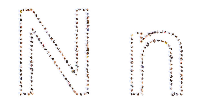 Concept or conceptual large community of people forming the font N. 3d illustration metaphor for unity and diversity, humanitarian, teamwork, cooperation, education, friendship and community
