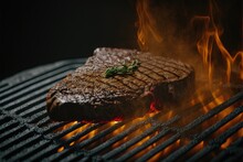  A Steak Is Cooking On A Grill With Flames And Smoke Coming Out Of It's Sides And On The Grill, It Is Being Grilled With A Thick Steak With A Green And Red Hot. Generative Ai