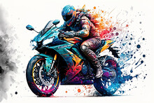 Biker Riding A Motorcycle, Bright Colors Sportbike, Insulation On White Background, There Is Space For Stickers. Generative AI