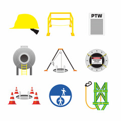 Wall Mural - Set of colorful confined space work icon, sign and symbol for industrial, construction and manufacture work safety. Protective measure for dangerous work.