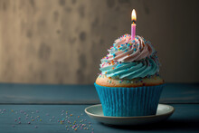 Kuku Happy Birthday. Delicious Cupcakes Topped With Pink Cream Frosting And Sprinkles. Candle On Fire Inside A Cupcake. Sweet, Mouthwatering Dish With Copy Space On A White Table Made Of Wood And A Bl