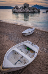 Sticker - Boat in Przno village near Budva city, Adriatic coast, Montenegro