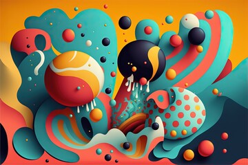 Wall Mural -  a colorful abstract painting with a lot of bubbles and balls on it's surface, with a yellow background and a red border around the edges of the image is a black and orange. generative ai