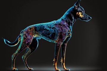 Poster -  a dog with a skeleton and bones in it's body is shown in this image, it is dark and shows the bones of the dog's body and the dog's neck. generative ai