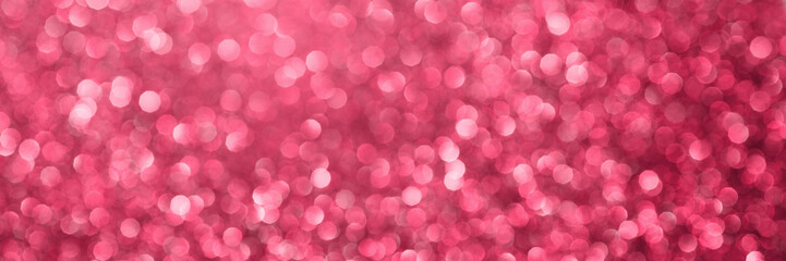 Wall Mural - Viva magenta, pink sparkling glitter bokeh panoramic background banner, abstract defocused texture header. Holiday romantic lights