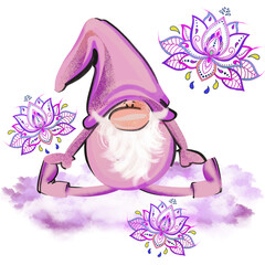 Wall Mural - Gnome, dwarf on the cloud doing yoga. Lotus flowers, meditation. Watercolour illustration.