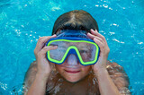 Fototapeta  - Little boy wearing an Underwater mask in swimming pool 