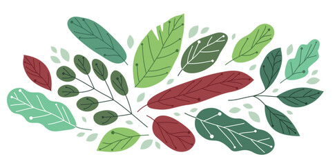 Beautiful fresh green leaves flat style vector illustration isolated on white, floral composition drawing, botanical design.