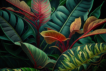 Lush tropical leaves, dark background. AI