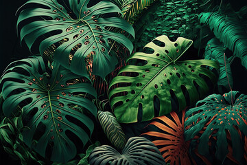 Lush tropical leaves, dark background. AI