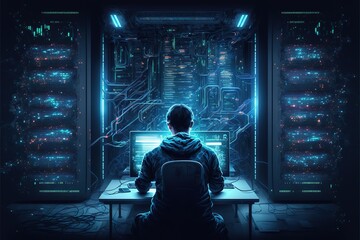 Computer engineer working on laptop computer with server room, data center, big data storage as backgrounds. Generative AI
