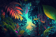 Fantasy World Tropical Jungle Vivid Colorful  Epic Design Background,generative Ai.
