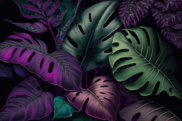 Lush colorful tropical leaves, dark background. AI