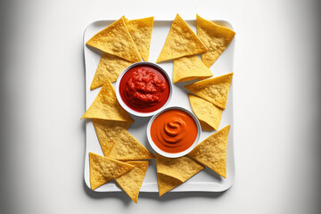 Wall Mural - Top view of corn chips, nachos, and salsa sauce on a white background. Generative AI