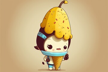 Wall Mural -  a cartoon character holding a banana on top of it's head and wearing a scarf around its neck, with a cone on its head, and a cone on its head, and. generative ai