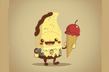 Wall Mural -  a cartoon banana with a ice cream cone and an apple on it's head, holding a chocolate ice cream cone in its hand, and a cartoon character holding an ice cream cone. generative ai