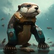  a sea otter with a robot suit on its back and a bunch of fish in the background, and a sky with clouds and a few birds flying overhead, and a few birds,. generative ai