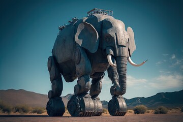 Canvas Print -  a giant elephant statue in the middle of a desert area with mountains in the background and a blue sky above it, with a few clouds in the distance, and a few clouds,. generative ai