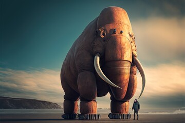 Canvas Print -  a giant elephant standing on top of a sandy beach next to the ocean with a man standing next to it on the beach next to it's legs and a giant elephant with a man standing on the. generative ai