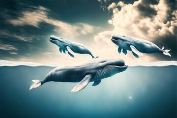  two humpback whales swimming in the ocean under a cloudy sky with sunbeams and clouds above them, with a blue ocean floor below the water and below the water surface, and Generative AI