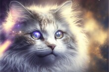  A Cat With Blue Eyes Looking At The Camera With A Blurry Background Of Stars And A Galaxy In The Background With A Yellow And Blue Eyeball In The Center Of The Foreground. Generative Ai