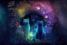  Two Cats Sitting In Front Of A Colorful Light In A Forest Area With A Lantern In The Middle Of The Picture And A Fairy Light In The Background With A Lantern In The Middle Of The. Generative Ai