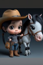  A Little Girl Is Standing Next To A Horse With A Cowboy Hat On It's Head And A Cowboy Hat On Its Head, And A Horse Is Next To Her, On A Gray Background. Generative Ai