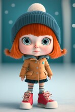  A Little Girl With Red Hair Wearing A Hat And Jacket And Red Shoes With A Blue Background And A Blue Background With White Dots And Dots And A White Dot On The Bottom Corner Of. Generative Ai