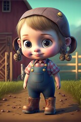 Wall Mural - a little girl in overalls and a hat standing in front of a barn