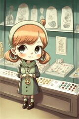 Wall Mural -  a little girl standing in front of a display case with jewelry on it's sides and a hat on her head and a necklace on her neck, and a green dress with a. generative ai