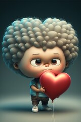 Wall Mural -  a cartoon character holding a heart shaped balloon with a sad look on his face and eyes, with a dark background, with a blue hued background, with a black border, and. generative ai