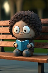 Wall Mural -  a cartoon character sitting on a bench reading a book with a sad look on his face and eyes, with a book in his hands, with a bench in the background, a park. generative ai