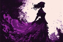  A Woman In A Purple Dress Is Standing In Front Of A Full Moon With Her Hair Blowing In The Wind And Her Dress Flowing In The Wind, With A Purple Background Of A Pink. Generative Ai