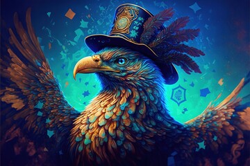  a painting of a bird wearing a hat with stars around it's neck and wings, with a blue background and a blue sky in the background with stars and a few white stars. generative ai