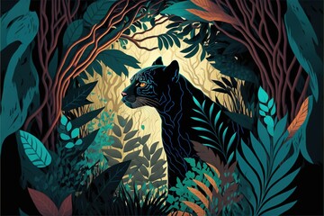 Poster -  a black panther in a jungle with trees and plants around it, with a yellow light shining on the background of the image and the image is framed in a black frame with a blue. generative ai