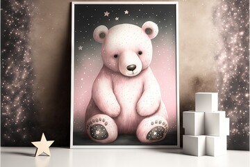 Wall Mural -  a picture of a white bear sitting on a table next to a star filled wall and a white cube with a star on it and a white star on the floor next to it,. generative ai