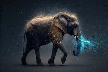 Canvas Print -  an elephant with a blue tail and a blue tail is walking in the dark with stars on it's back and a blue tail is in the air with a blue light, and a. generative ai