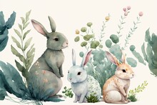 Watercolor Cute Rabbits, Plants