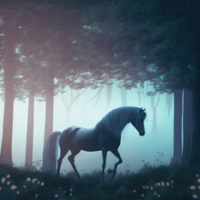 Artistic Mystical Horse In The Fantasy Dark Fairy Forest Landscape. Horse In The Magical Woodland. 3D Illustration.