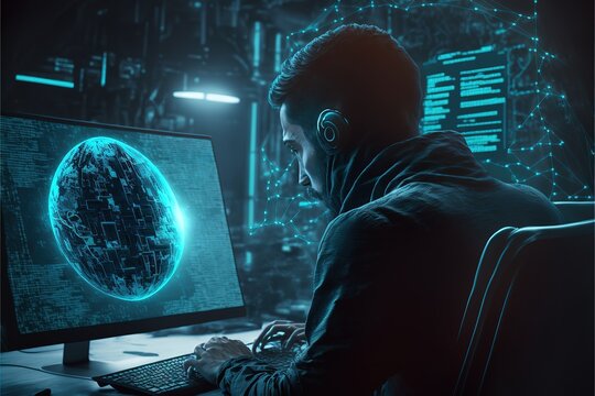 Cyber security concept. Man using computer with system hacked alert due to cyber attack on computer network. Generative AI