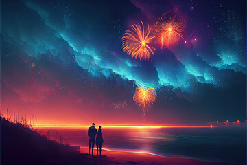 Canvas Print - People watching fireworks, silhouettes of man and woman at seashore, illustration