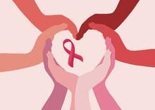 Women's Hands In The Shape Of A Pink Heart. Solidarity Between Women For Breast Cancer Awareness Day. Pink Ribbon From Brest Cancer. Digital Illustration. Beautiful Hands Together. Isolated Image.