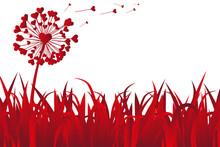 Red Dandelion Flower On Grass With Heart Shape Flying Seeds, Vector Illustration.