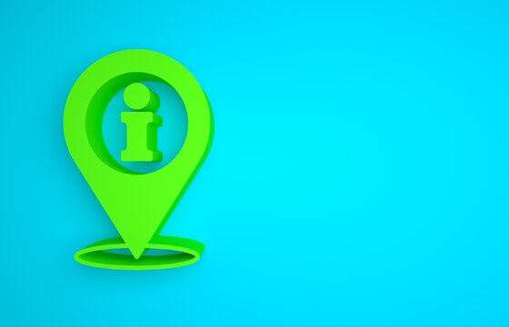 Green Location with information icon isolated on blue background. Minimalism concept. 3D render illustration