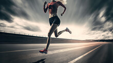 A Woman Runner With Muscle Body In Sprinting Action On The Race Track, Sport Acitivity Challenge Concept. Generative Ai Image.